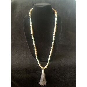 Veronese Signed Beaded Tassel Pendant Necklace Lobster Clasp Gray Green Beige